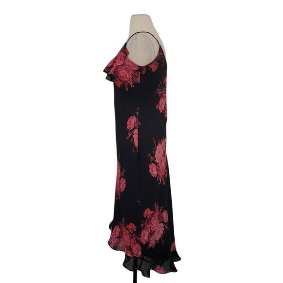 Y2K Express Midi Slip Dress Sz 7/8 Black Red Floral Ruffle High Low Dark Romanti - Picture 4 of 10